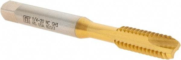 Vermont Tap & Die - 1/4-20 UNC, 2 Flute, TiN Finish, High Speed Steel Spiral Point Tap - Bottoming Chamfer, Right Hand Thread, 2-1/2" OAL, 1" Thread Length, 6.48mm Shank Diam, 2/3B Class of Fit, Series TN3112 - Exact Tool & Supply