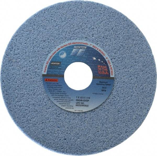 Norton - 7" Diam x 1-1/4" Hole x 1/2" Thick, G Hardness, 46 Grit Surface Grinding Wheel - Ceramic, Type 1, Coarse Grade, 3,600 Max RPM, Vitrified Bond, No Recess - Exact Tool & Supply