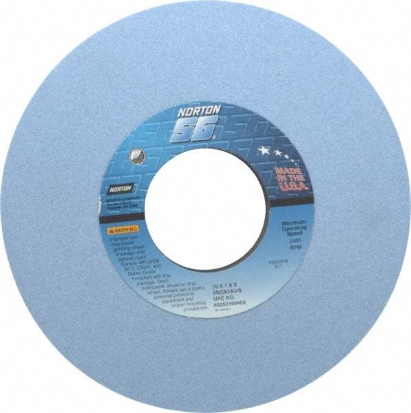 Norton - 10" Diam x 3" Hole x 1" Thick, K Hardness, 60 Grit Surface Grinding Wheel - Ceramic, Type 1, Medium Grade, 2,485 Max RPM, Vitrified Bond, No Recess - Exact Tool & Supply