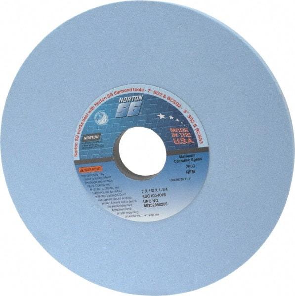 Norton - 7" Diam x 1-1/4" Hole x 1/2" Thick, K Hardness, 100 Grit Surface Grinding Wheel - Ceramic, Type 1, Fine Grade, 3,600 Max RPM, Vitrified Bond, No Recess - Exact Tool & Supply
