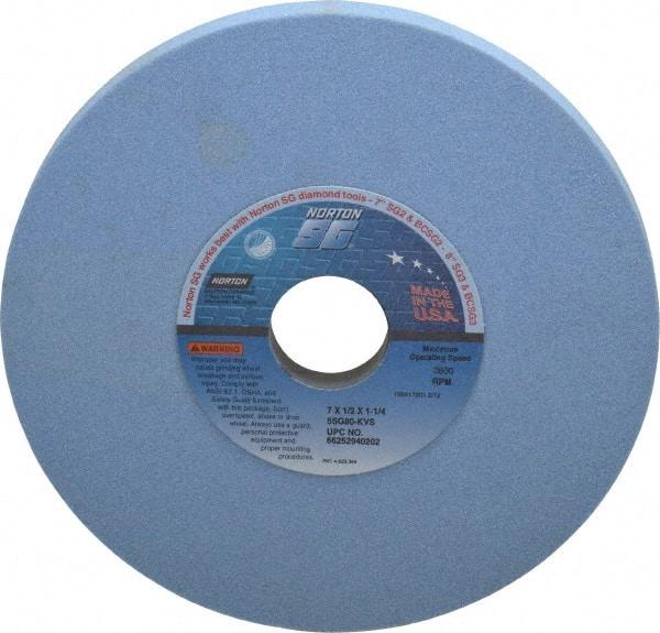 Norton - 7" Diam x 1-1/4" Hole x 1/2" Thick, K Hardness, 80 Grit Surface Grinding Wheel - Ceramic, Type 1, Medium Grade, 3,600 Max RPM, Vitrified Bond, No Recess - Exact Tool & Supply