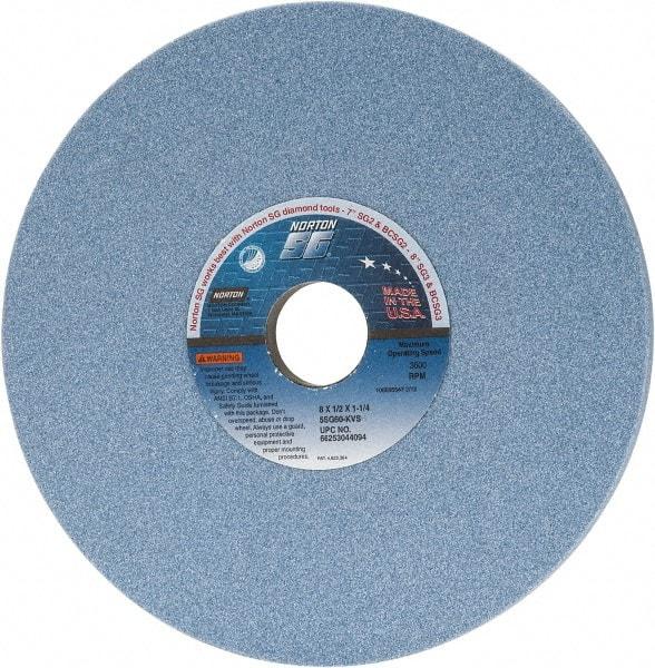 Norton - 8" Diam x 1-1/4" Hole x 1/2" Thick, K Hardness, 60 Grit Surface Grinding Wheel - Ceramic, Type 1, Medium Grade, 3,600 Max RPM, Vitrified Bond, No Recess - Exact Tool & Supply