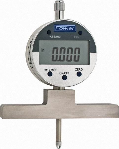 Fowler - 0" to 22" Alloy Steel Electronic Depth Gage - 0.0008" Accuracy, 0.01mm Resolution, 4" Base Length - Exact Tool & Supply