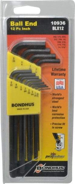 Bondhus - 12 Piece L-Key Ball End Hex Key Set - Hex Range 0.05 to 5/16" - Exact Tool & Supply