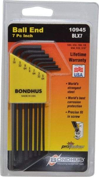 Bondhus - 7 Piece L-Key Ball End Hex Key Set - Hex Range 5/64 to 3/16" - Exact Tool & Supply