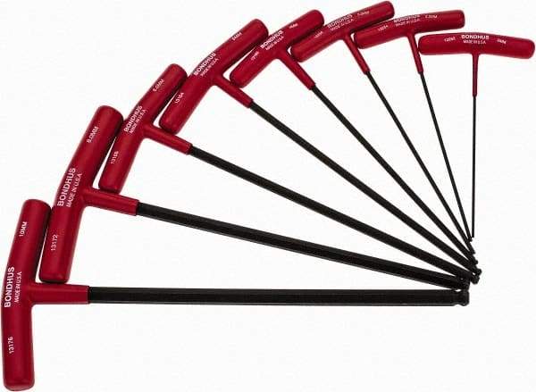 Bondhus - 8 Piece T-Handle Ball End Hex Key Set - Hex Range 2 to 10mm, Alloy Steel - Exact Tool & Supply