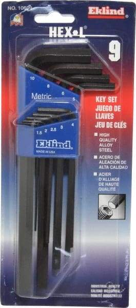 Eklind - 9 Piece L-Key Hex Key Set - Hex Range 1.5 to 10mm - Exact Tool & Supply