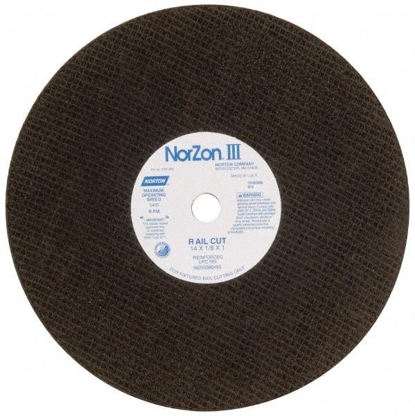 Norton - 14" 30 Grit Zirconia Alumina Cutoff Wheel - 1/8" Thick, 1" Arbor, 5,400 Max RPM, Use with Electric & Gas Powered Saws - Exact Tool & Supply