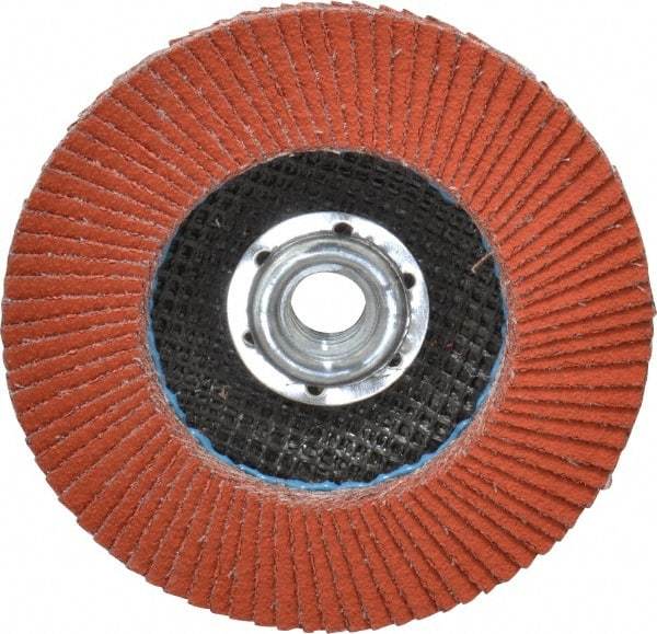 3M - 80 Grit, 4-1/2" Disc Diam, 5/8-11 Center Hole, Type 27 Ceramic Flap Disc - 13,300 Max RPM, Cloth Backing, Arbor Attaching System, Coated - Exact Tool & Supply