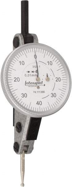 INTERAPID - 1.6 mm Range, 0.01 mm Dial Graduation, Horizontal Dial Test Indicator - 1-1/2 Inch White Dial, 0-40-0 Dial Reading - Exact Tool & Supply