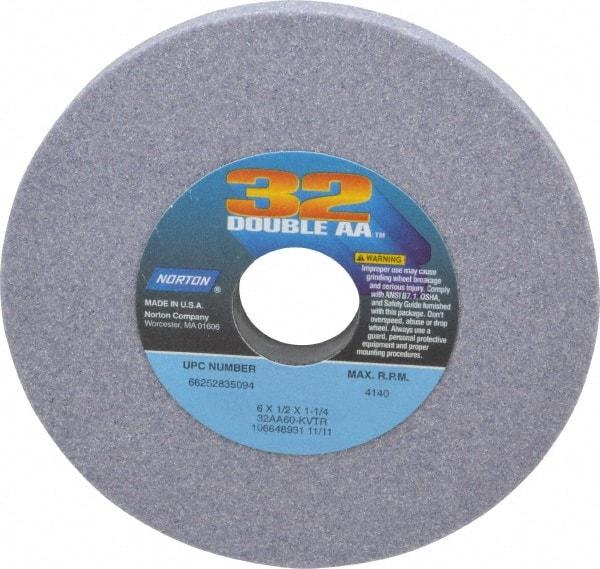 Norton - 6" Diam x 1-1/4" Hole x 1/2" Thick, K Hardness, 60 Grit Surface Grinding Wheel - Aluminum Oxide, Type 1, Medium Grade, 4,140 Max RPM, Vitrified Bond, No Recess - Exact Tool & Supply