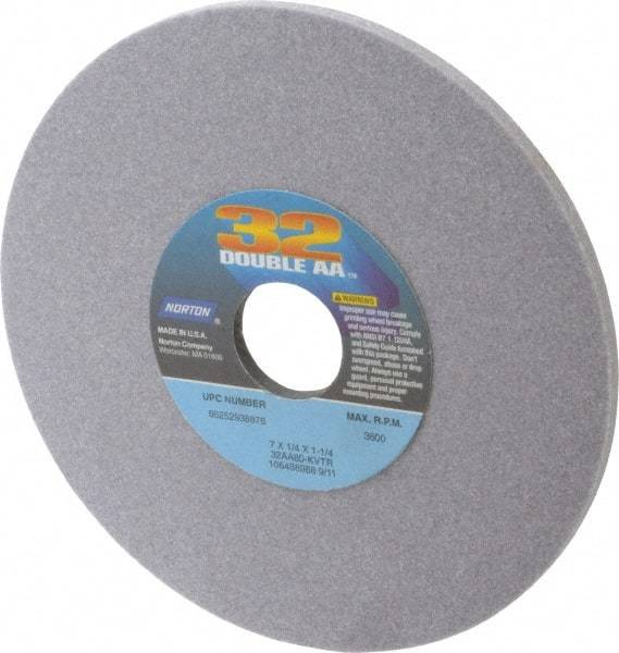 Norton - 7" Diam x 1-1/4" Hole x 1/4" Thick, K Hardness, 80 Grit Surface Grinding Wheel - Aluminum Oxide, Type 1, Medium Grade, 3,600 Max RPM, Vitrified Bond, No Recess - Exact Tool & Supply