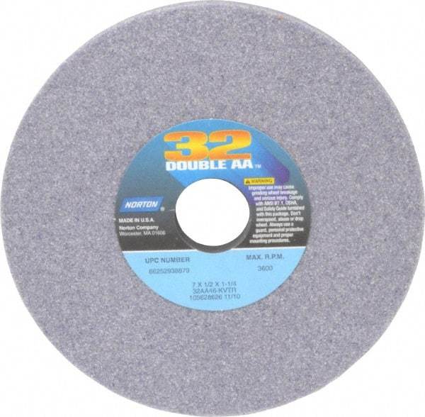 Norton - 7" Diam x 1-1/4" Hole x 1/2" Thick, K Hardness, 46 Grit Surface Grinding Wheel - Aluminum Oxide, Type 1, Coarse Grade, 3,600 Max RPM, Vitrified Bond, No Recess - Exact Tool & Supply