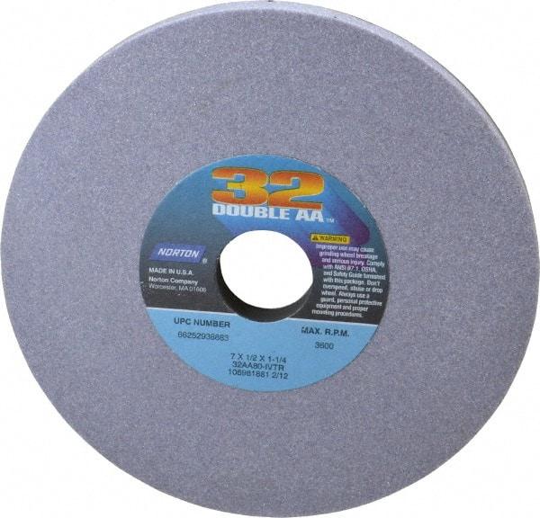Norton - 7" Diam x 1-1/4" Hole x 1/2" Thick, I Hardness, 80 Grit Surface Grinding Wheel - Aluminum Oxide, Type 1, Medium Grade, 3,600 Max RPM, Vitrified Bond, No Recess - Exact Tool & Supply