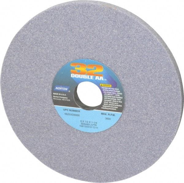 Norton - 8" Diam x 1-1/4" Hole x 1/2" Thick, J Hardness, 60 Grit Surface Grinding Wheel - Aluminum Oxide, Type 1, Medium Grade, 3,600 Max RPM, Vitrified Bond, No Recess - Exact Tool & Supply