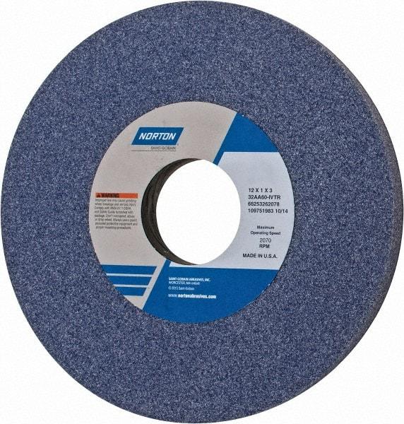 Norton - 12" Diam x 3" Hole x 1" Thick, I Hardness, 60 Grit Surface Grinding Wheel - Aluminum Oxide, Type 1, Medium Grade, 2,070 Max RPM, Vitrified Bond, No Recess - Exact Tool & Supply