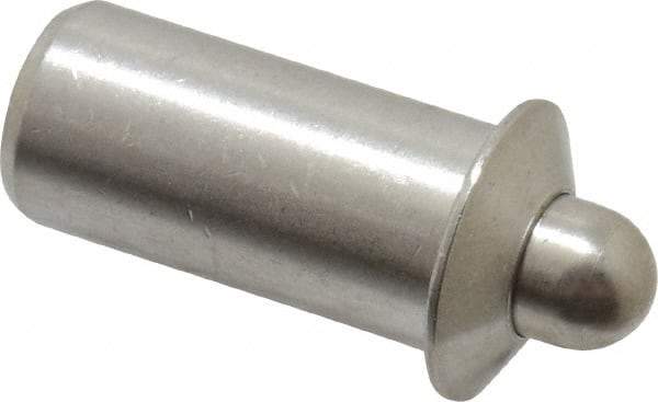 Vlier - 0.786" Body Len x 3/8" Body Diam, 0.234" Plunger Diam, 5 Lb Init to 14 Lb Final End Force, 0.786" Len Under Flange, Stainless Steel Press Fit Spring Plunger - 1/2" Flange Diam, 0.096" Flange Thickness, 0.882" Plunger Len, 3/16" Plunger Projection - Exact Tool & Supply