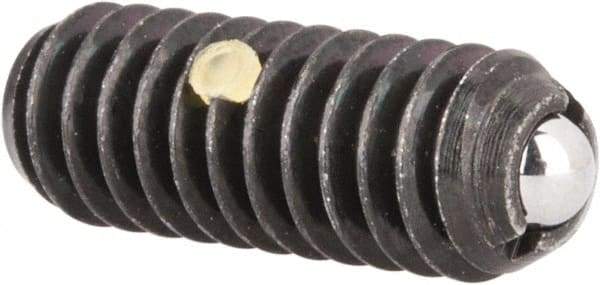 Vlier - 1/4-20, 0.125" Ball Diam, 0.675" Body Length, 0.035" Max Ball Reach, Threaded Ball Plunger - Steel Body, Stainless Steel Ball, 3 Lb Initial End Force, 7 Lb Final End Force, Locking Element - Exact Tool & Supply