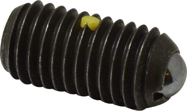 Vlier - 5/8-11, 0.375" Ball Diam, 1.25" Body Length, 0.096" Max Ball Reach, Threaded Ball Plunger - Steel Body, Stainless Steel Ball, 9 Lb Initial End Force, 18 Lb Final End Force, Locking Element - Exact Tool & Supply