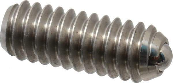 Vlier - 1/4-20, 0.125" Ball Diam, 0.675" Body Length, 0.035" Max Ball Reach, Threaded Ball Plunger - Stainless Steel Body, Stainless Steel Ball, 3 Lb Initial End Force, 7 Lb Final End Force - Exact Tool & Supply