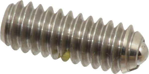 Vlier - 1/4-20, 0.125" Ball Diam, 0.675" Body Length, 0.035" Max Ball Reach, Threaded Ball Plunger - Stainless Steel Body, Stainless Steel Ball, 3 Lb Initial End Force, 7 Lb Final End Force, Locking Element - Exact Tool & Supply