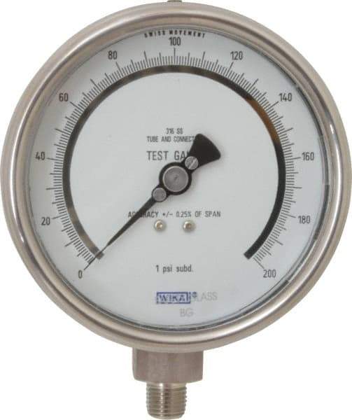 Wika - 4" Dial, 1/4 Thread, 0-200 Scale Range, Pressure Gauge - Lower Connection Mount, Accurate to 0.25% of Scale - Exact Tool & Supply