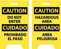 NMC - Caution - Do Not Enter, Caution - Hazardous Area, 12" Wide x 19" High, Plastic Floor Sign - English/Spanish, A-Frame, Black on Yellow, For Security & Admittance - Exact Tool & Supply