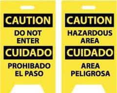NMC - Caution - Do Not Enter, Caution - Hazardous Area, 12" Wide x 19" High, Plastic Floor Sign - English/Spanish, A-Frame, Black on Yellow, For Security & Admittance - Exact Tool & Supply