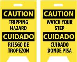 NMC - Caution - Tripping Hazard, Caution - Watch Your Step, 12" Wide x 19" High, Plastic Floor Sign - English/Spanish, A-Frame, Black on Yellow, For Accident Prevention - Exact Tool & Supply