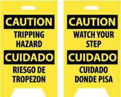 NMC - Caution - Tripping Hazard, Caution - Watch Your Step, 12" Wide x 19" High, Plastic Floor Sign - English/Spanish, A-Frame, Black on Yellow, For Accident Prevention - Exact Tool & Supply