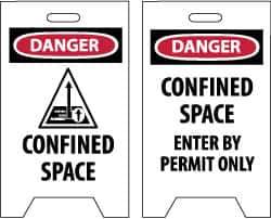 NMC - Danger - Confined Space, Danger - Confined Space - Enter by Permit Only, 12" Wide x 19" High, Plastic Floor Sign - A-Frame, Red & Black on White, For Accident Prevention - Exact Tool & Supply