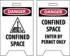 NMC - Danger - Confined Space, Danger - Confined Space - Enter by Permit Only, 12" Wide x 19" High, Plastic Floor Sign - A-Frame, Red & Black on White, For Accident Prevention - Exact Tool & Supply