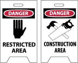 NMC - Danger - Restricted Area, Danger - Construction Area, 12" Wide x 19" High, Plastic Floor Sign - A-Frame, Red & Black on White, For Security & Admittance - Exact Tool & Supply