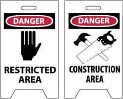 NMC - Danger - Restricted Area, Danger - Construction Area, 12" Wide x 19" High, Plastic Floor Sign - A-Frame, Red & Black on White, For Security & Admittance - Exact Tool & Supply