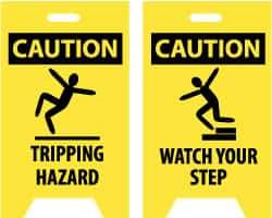 NMC - Caution - Tripping Hazard, Caution - Watch Your Step, 12" Wide x 19" High, Plastic Floor Sign - A-Frame, Black on Yellow, For Accident Prevention - Exact Tool & Supply