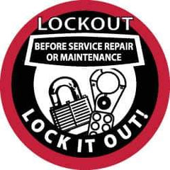 NMC - Lockout Before Service Repair or Maintenance - Lock It Out, Hard Hat Label - Black & Red on White, 2" Thick, For Accident Prevention - Exact Tool & Supply