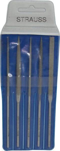 Strauss - 5 Piece Diamond Pattern File Set - 5-1/2" Long, Fine Coarseness, Round Handle, Set Includes Equalling, Half Round, Round, Square, Three Square - Exact Tool & Supply