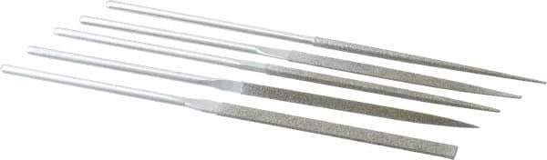 Strauss - 5 Piece Diamond Pattern File Set - 5-1/2" Long, Medium Coarseness, Round Handle, Set Includes Equalling, Half Round, Round, Square, Three Square - Exact Tool & Supply