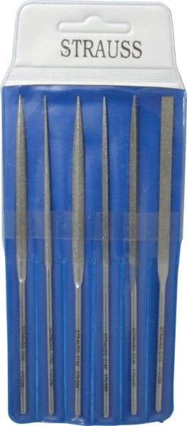 Strauss - 6 Piece Diamond Pattern File Set - 5-1/2" Long, Fine Coarseness, Round Handle, Set Includes Crossing, Equalling, Half Round, Round, Square, Three Square - Exact Tool & Supply