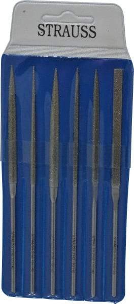 Strauss - 6 Piece Diamond Pattern File Set - 5-1/2" Long, Medium Coarseness, Round Handle, Set Includes Crossing, Equalling, Half Round, Round, Square, Three Square - Exact Tool & Supply