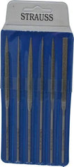 Strauss - 6 Piece Diamond Pattern File Set - 5-1/2" Long, Medium Coarseness, Round Handle, Set Includes Crossing, Equalling, Half Round, Round, Square, Three Square - Exact Tool & Supply