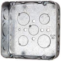Cooper Crouse-Hinds - 1 Gang, (17) 1/2 & 3/4" Knockouts, Steel Square Outlet Box - 4-11/16" Overall Height x 4-11/16" Overall Width x 1-1/2" Overall Depth - Exact Tool & Supply
