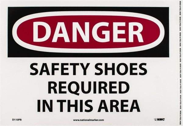 NMC - "Danger - Safety Shoes Required in This Area", 10" Long x 14" Wide, Pressure-Sensitive Vinyl Safety Sign - Rectangle, 0.004" Thick, Use for Accident Prevention - Exact Tool & Supply