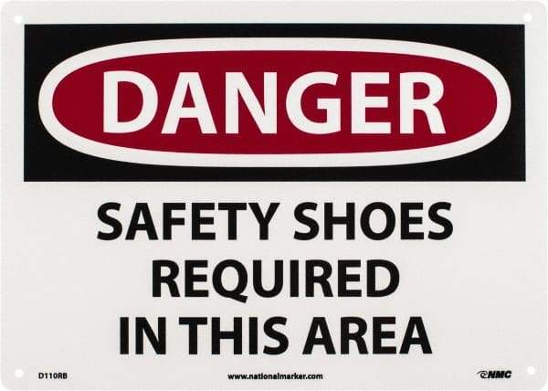 NMC - "Danger - Safety Shoes Required in This Area", 10" Long x 14" Wide, Rigid Plastic Safety Sign - Rectangle, 0.05" Thick, Use for Accident Prevention - Exact Tool & Supply