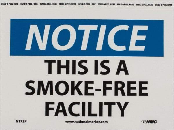 NMC - "Notice - This Is a Smoke-Free Facility", 7" Long x 10" Wide, Pressure-Sensitive Vinyl Safety Sign - Rectangle, 0.004" Thick, Use for Accident Prevention - Exact Tool & Supply