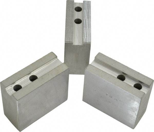 H & R Manufacturing - 11" Chuck Capacity, 1.5mm x 60° Serrated Attachment, Square Soft Lathe Chuck Jaw - 3 Jaws, Aluminum, 1.181" Btw Mount Hole Ctrs, 4" Long x 1-3/4" Wide x 3-1/2" High, 0.63" Groove, 12mm Fastener - Exact Tool & Supply