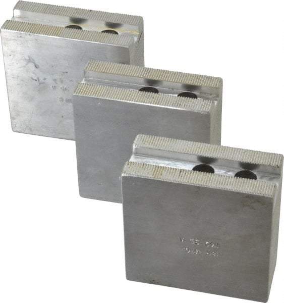 H & R Manufacturing - 8" Chuck Capacity, 1.5mm x 60° Serrated Attachment, Square Soft Lathe Chuck Jaw - 3 Jaws, Aluminum, 1" Btw Mount Hole Ctrs, 3-1/2" Long x 1-1/2" Wide x 3-1/2" High, 0.551" Groove, 12mm Fastener - Exact Tool & Supply