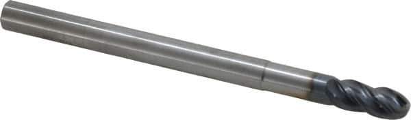SGS - 7/16" Diam, 1" LOC, 4 Flute Solid Carbide Ball End Mill - AlTiN Finish, Single End, 6" OAL, 7/16" Shank Diam, Spiral Flute - Exact Tool & Supply