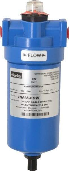 Parker - 1/4" Port, 8.8" High x 3.11" Wide, FRL Filter with Aluminum Bowl & Manual Drain - 15 SCFM, 250 Max psi, 175°F Max - Exact Tool & Supply