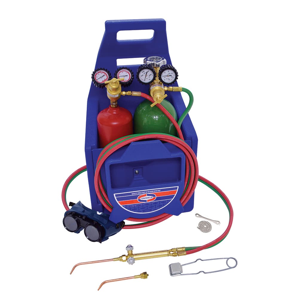 Made in USA - Oxygen/Acetylene Torch Kits; Type: Brazing & Welding Outfit ; Welding Capacity: 1/4 (Inch); Maximum Heating Capacity: 5600?F ; Contents: Welding Handle 71; Oxygen Regulator RO100; Fuel Gas Regulator RMC100; Welding Brazing Tip TYPE17-0; TYP - Exact Tool & Supply